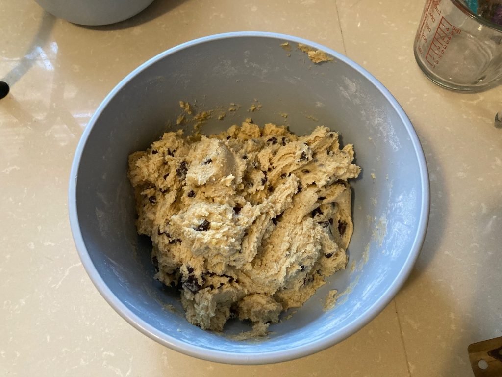 chocolate chip cookies mixed dough in a bowl
